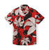 Red Hawaiian shirt with white and black floral pattern, short.