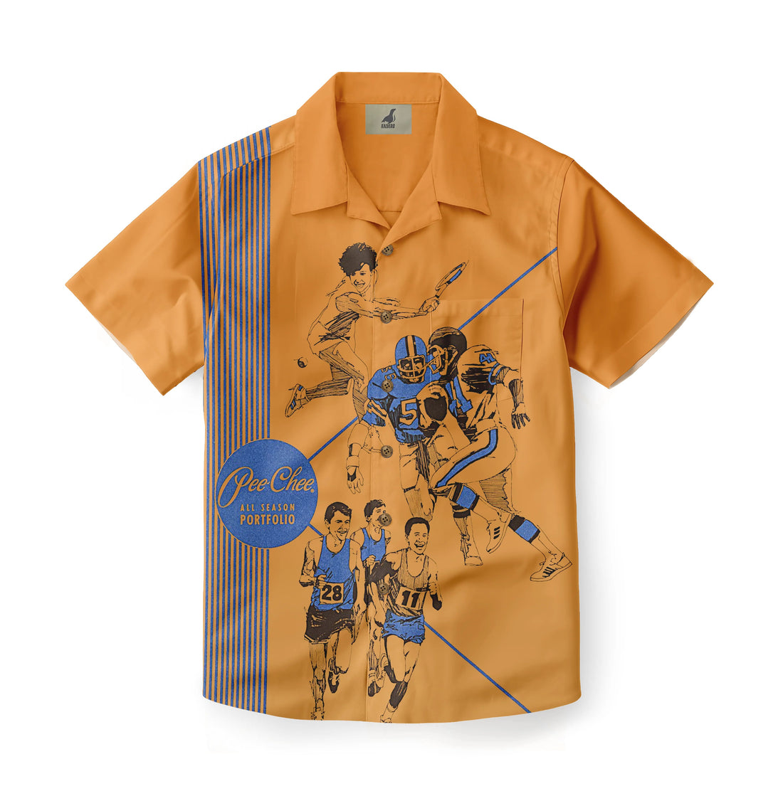 Orange short-sleeve shirt with blue and white sports illustrations.