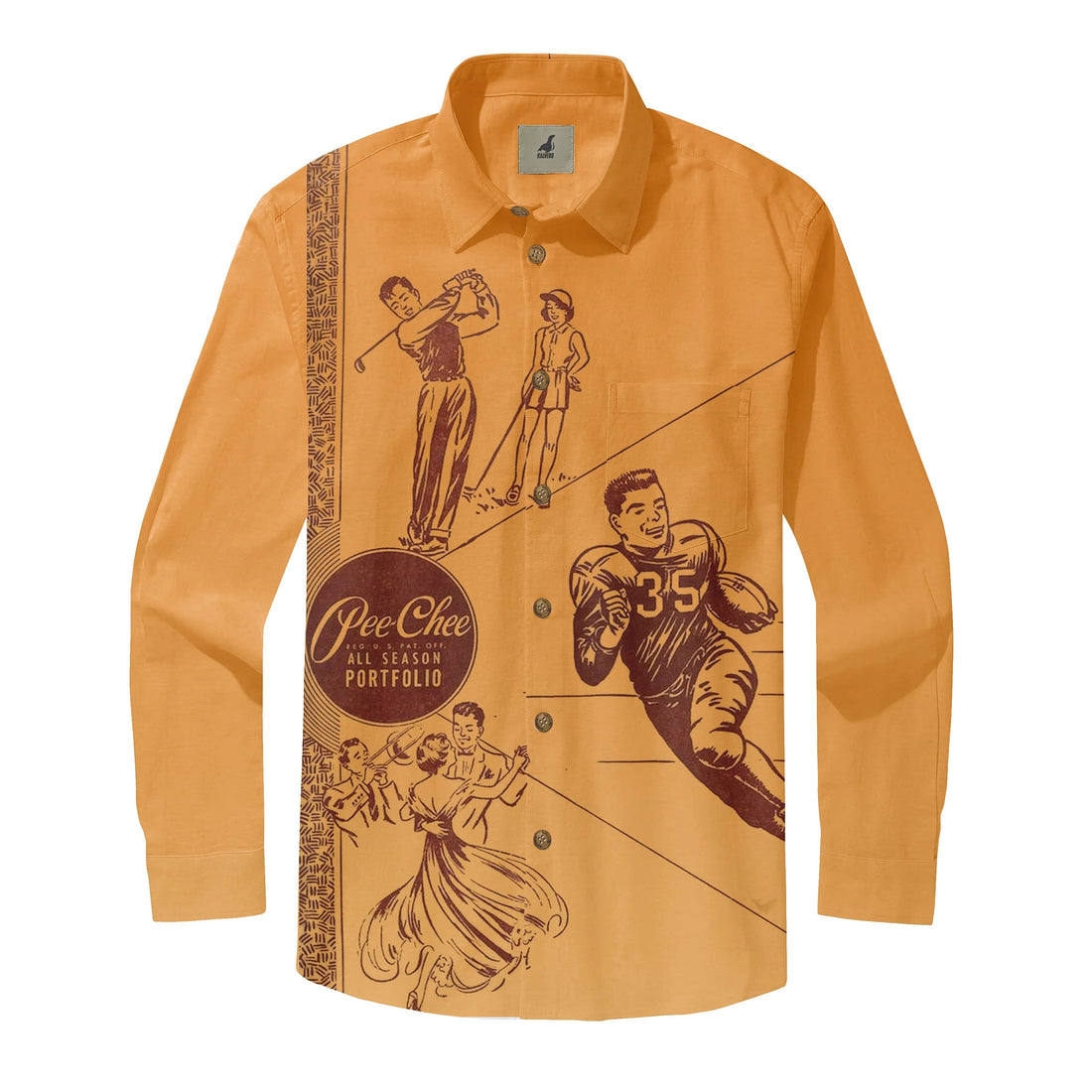 Vintage-style orange shirt featuring retro illustrations of sports.