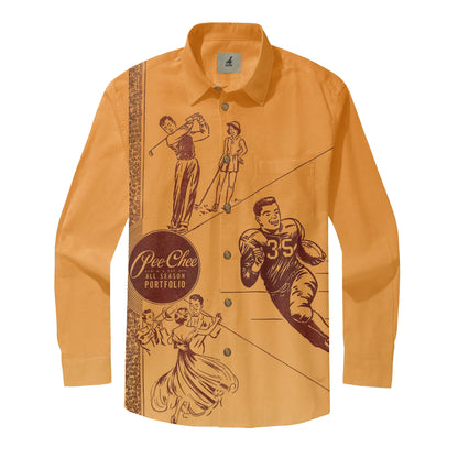 Vintage-style orange shirt featuring retro illustrations of sports.