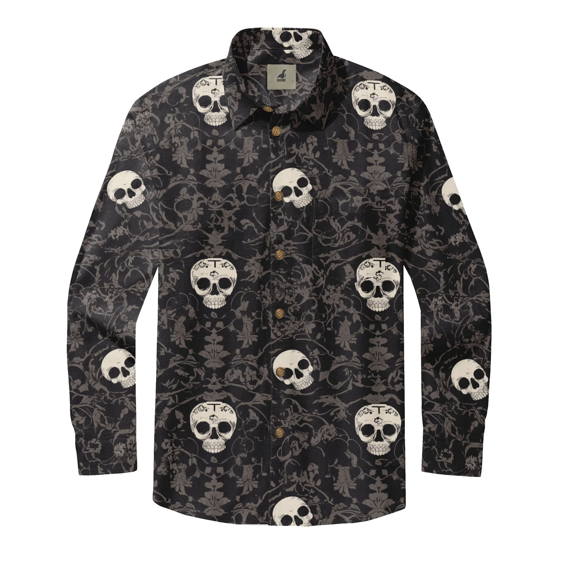 Black shirt with white skulls and floral pattern.