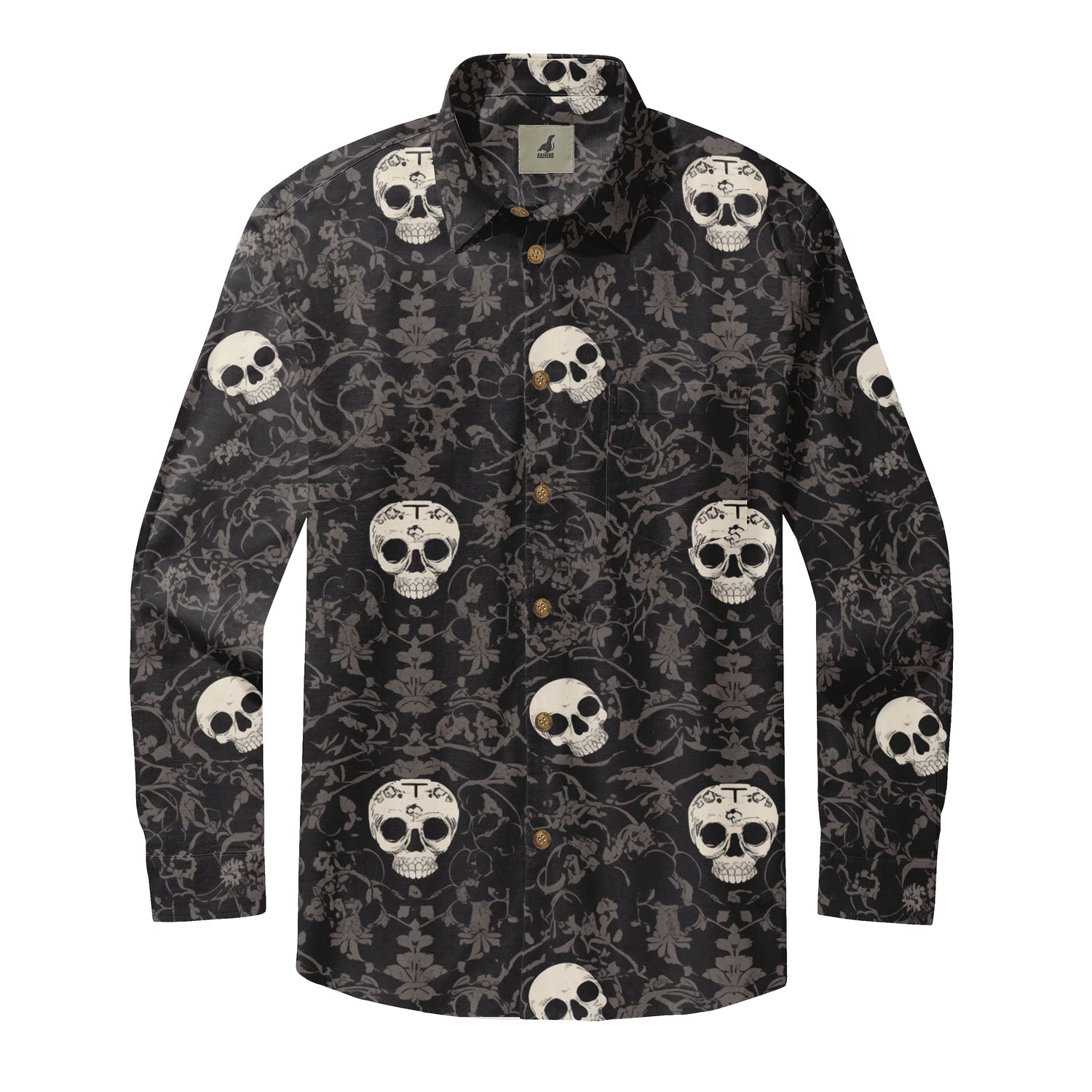 Black shirt with white skulls and floral pattern.