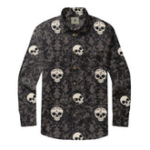 Black shirt with white skulls and floral pattern.