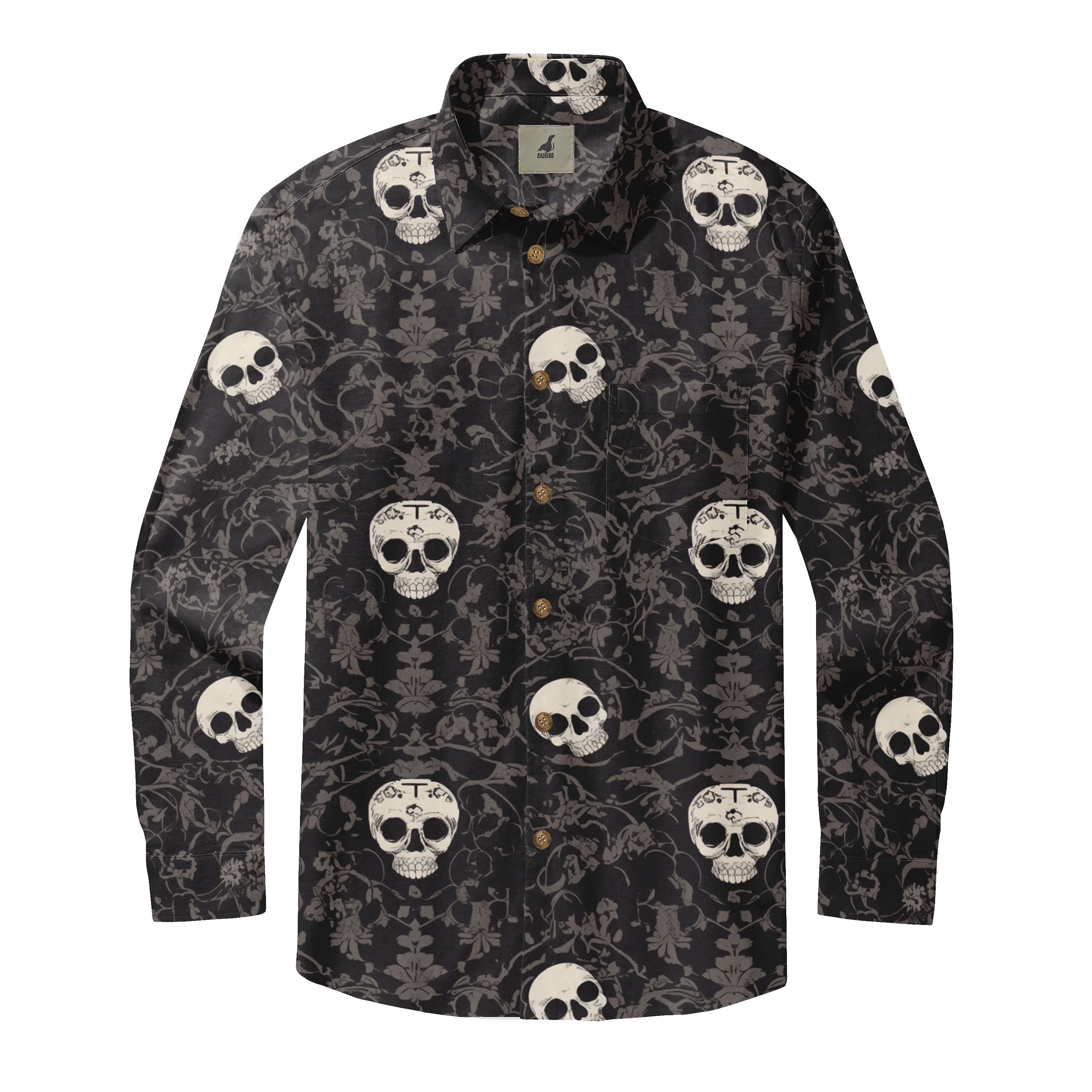 Black shirt with white skulls and floral pattern.
