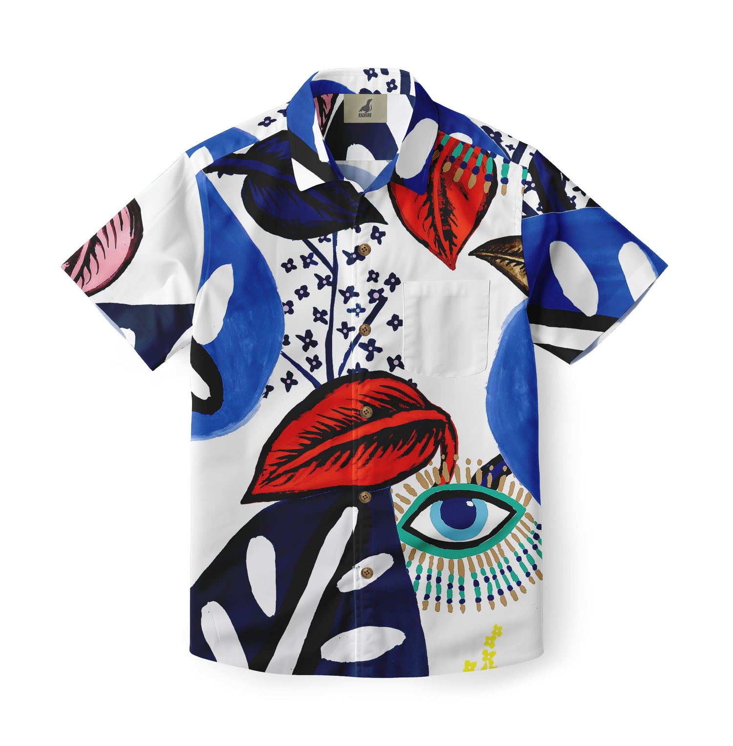 Vibrant, artistic short-sleeve shirt with bold abstract patterns.