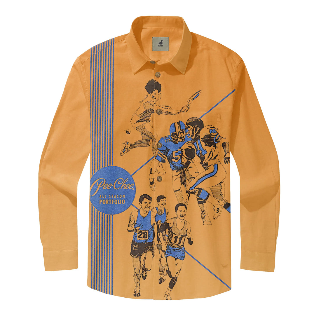 Orange long-sleeve shirt with vintage sports graphics and &quot;Pee-Chee.