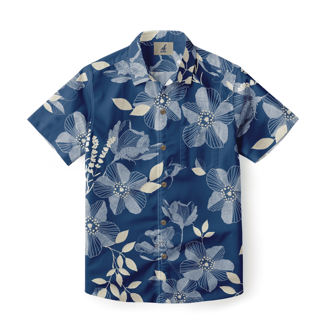 Navy blue short-sleeve shirt with white floral pattern and wooden.