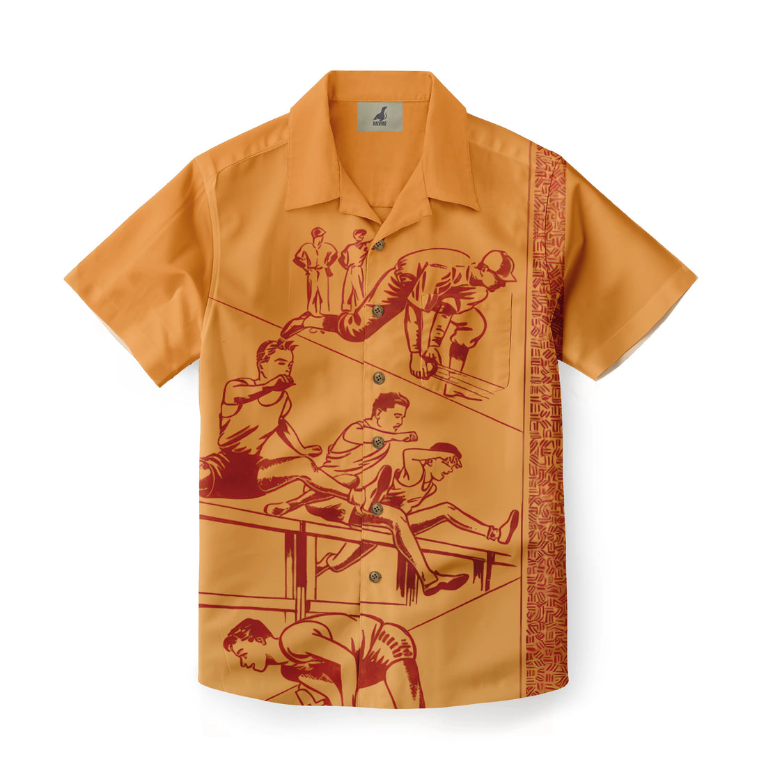 Orange short-sleeve shirt with red vintage-style illustration of men.