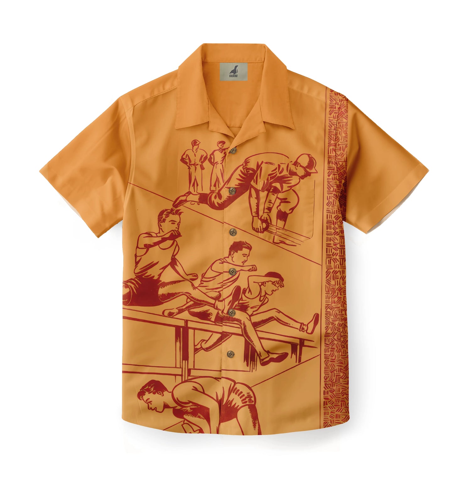Orange short-sleeve shirt with red vintage-style illustration of men.