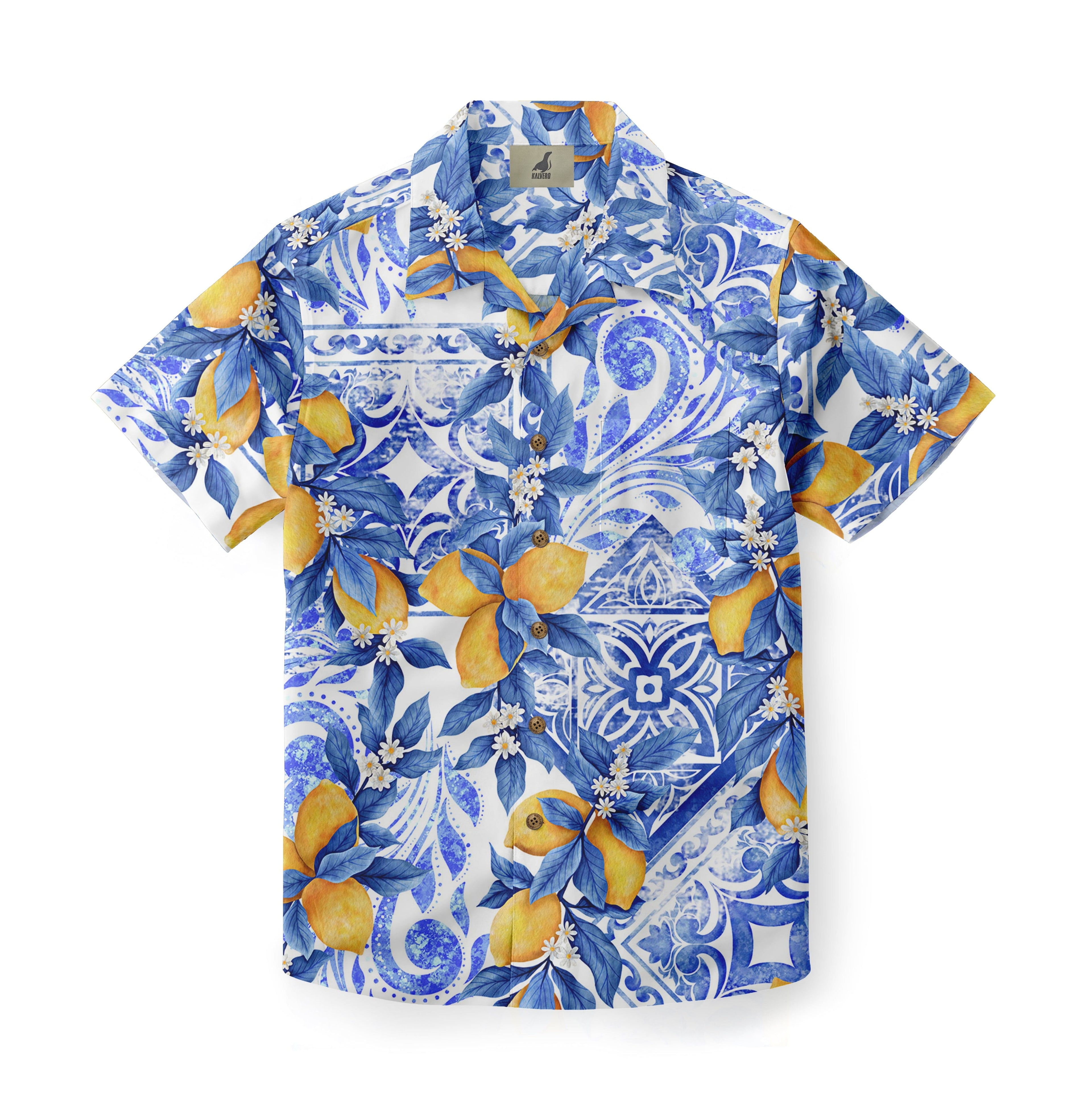 Blue and white floral shirt with lemon print, short sleeves.