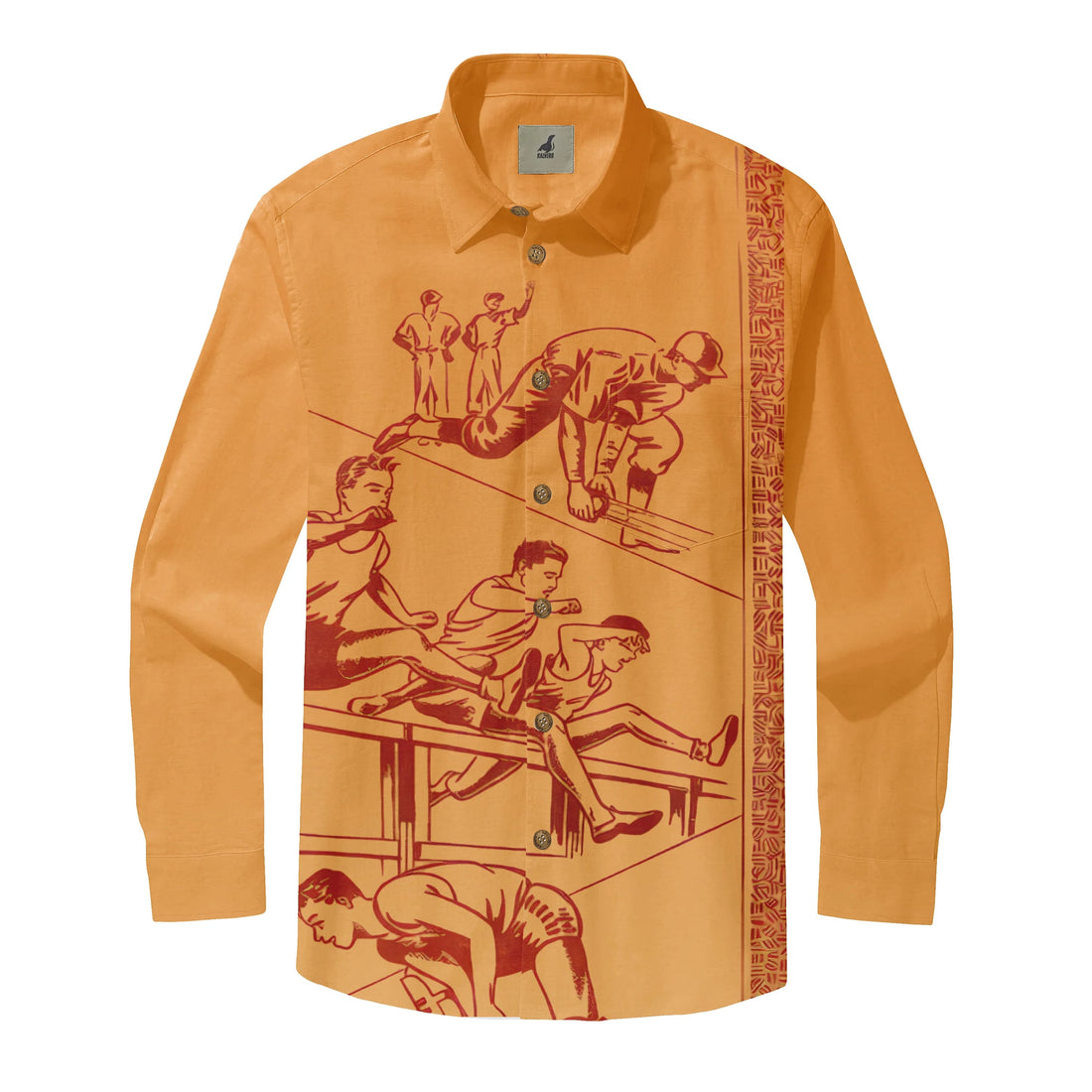 Orange long-sleeve shirt with red vintage-style graphic of athletes.