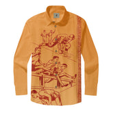 Orange long-sleeve shirt with red vintage-style graphic of athletes.