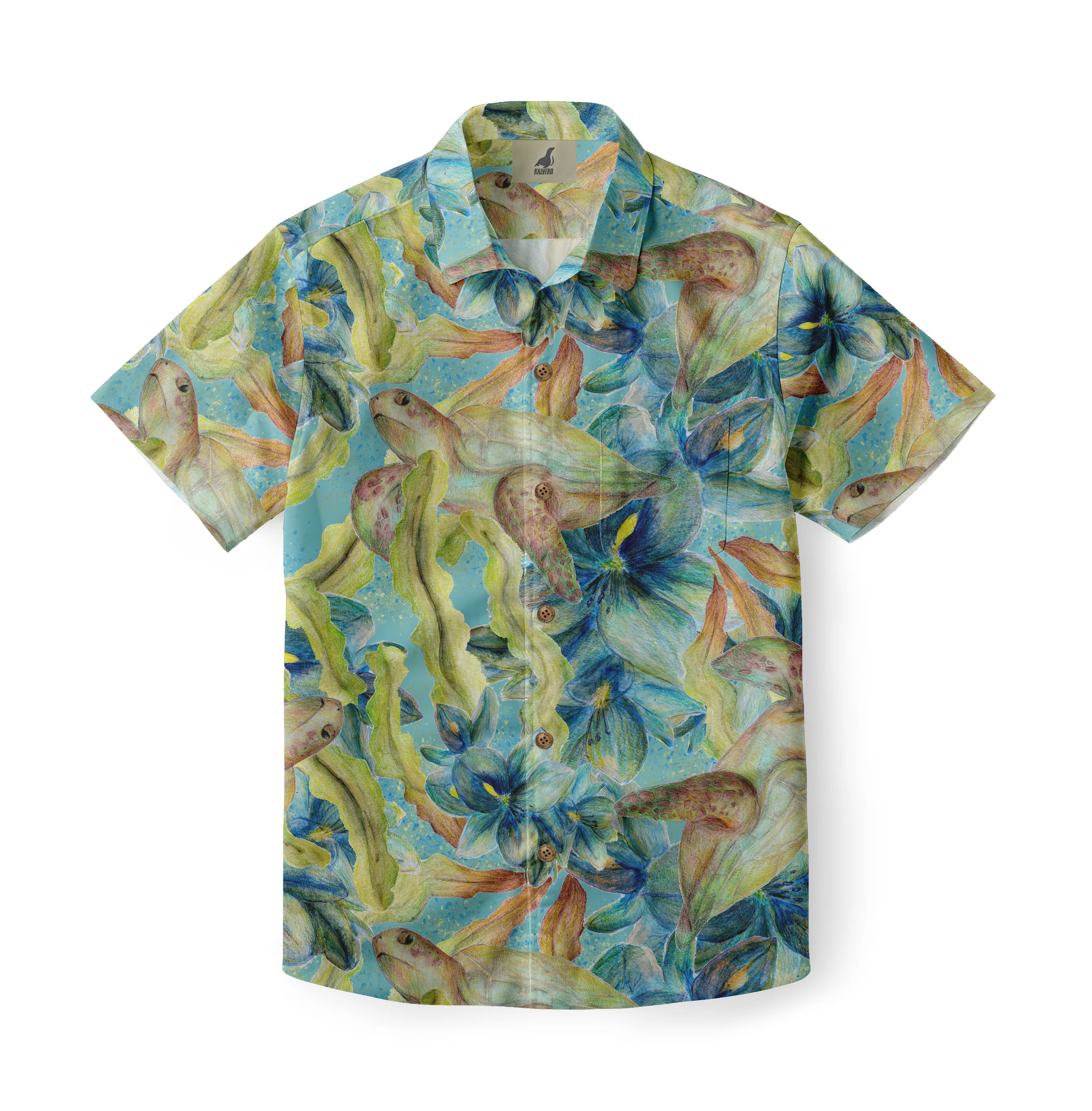 Colorful Hawaiian shirt with fish and floral pattern on a blue.