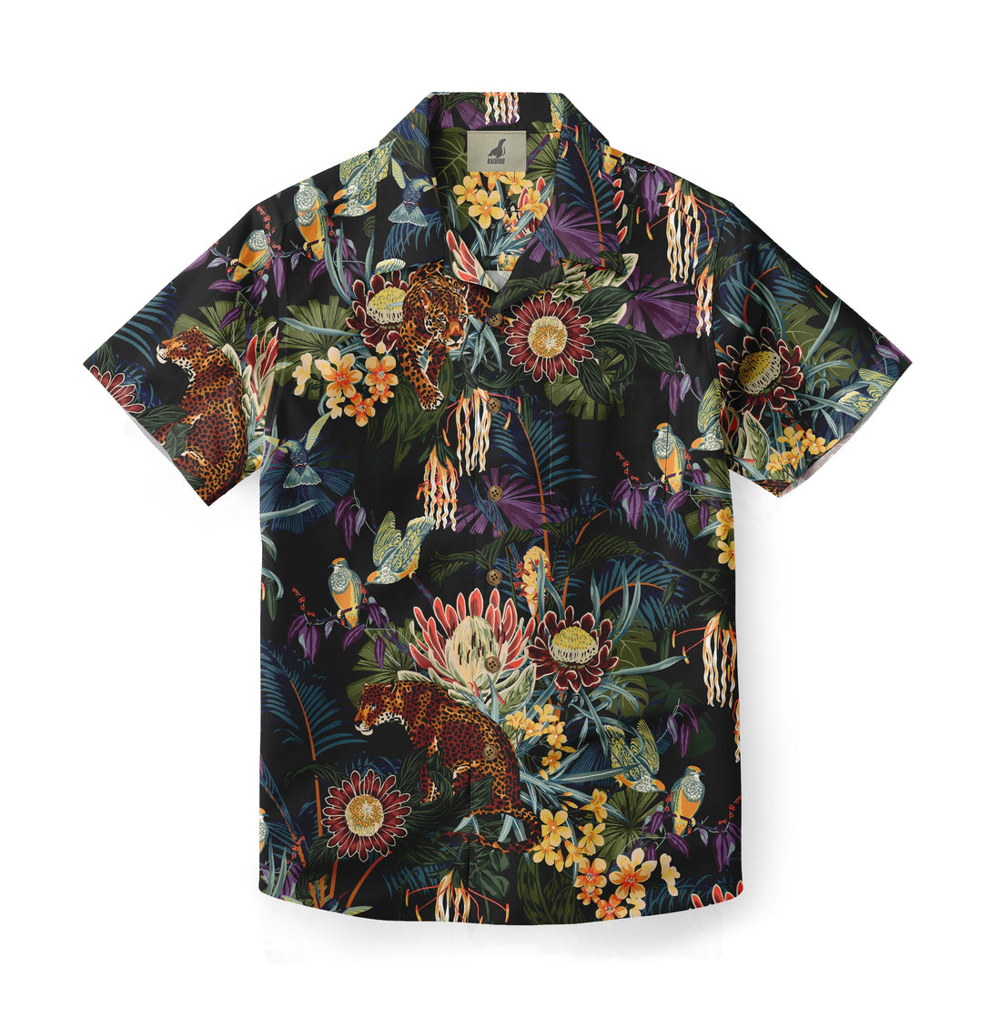 Black tropical shirt with vibrant jungle print featuring leopards.