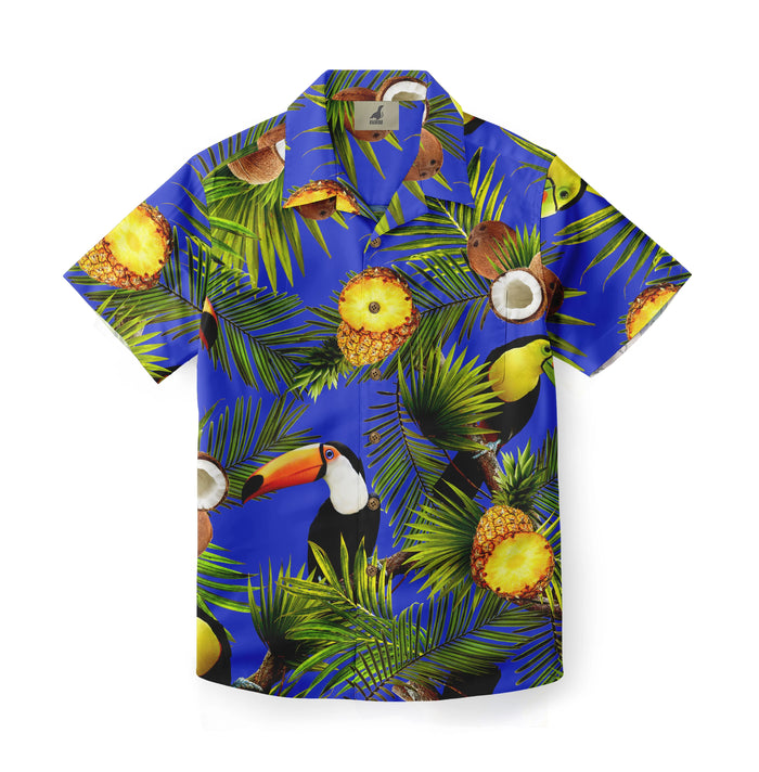 Vibrant blue Hawaiian shirt featuring toucans, pineapples, coconuts.