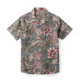Gray shirt with tropical floral and leaf pattern.