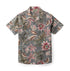 Gray shirt with tropical floral and leaf pattern.