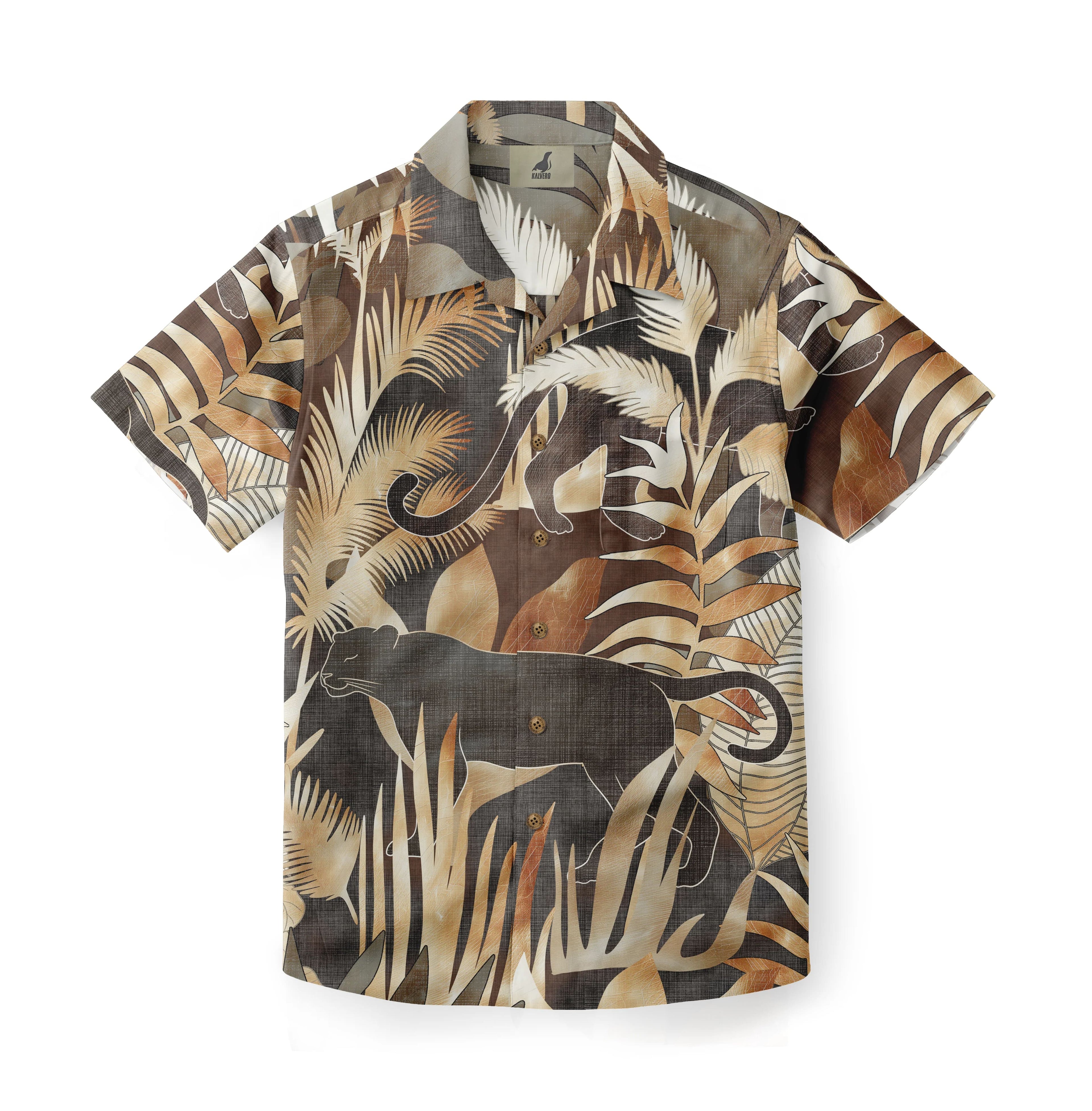 Tropical shirt with jungle pattern, featuring panthers and palm.