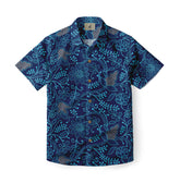 Navy blue short-sleeve shirt with turquoise floral pattern and brown.