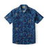 Navy blue short-sleeve shirt with turquoise floral pattern and brown.