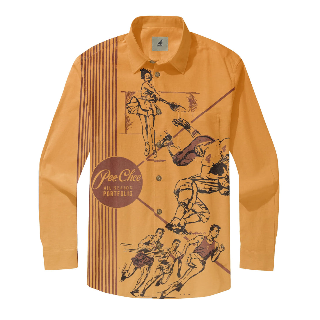 Vintage-style orange shirt with retro sports illustrations.