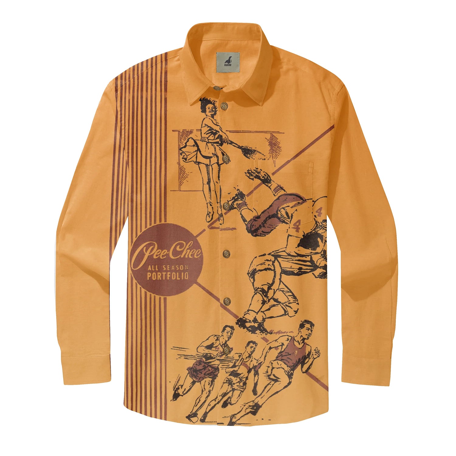 Vintage-style orange shirt with retro sports illustrations.