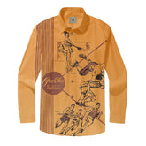 Vintage-style orange shirt with retro sports illustrations.