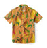 Orange short-sleeve shirt with pear and leaf print, button-down.