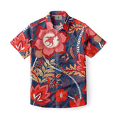 Vibrant floral Hawaiian shirt with bold red and pink flowers.