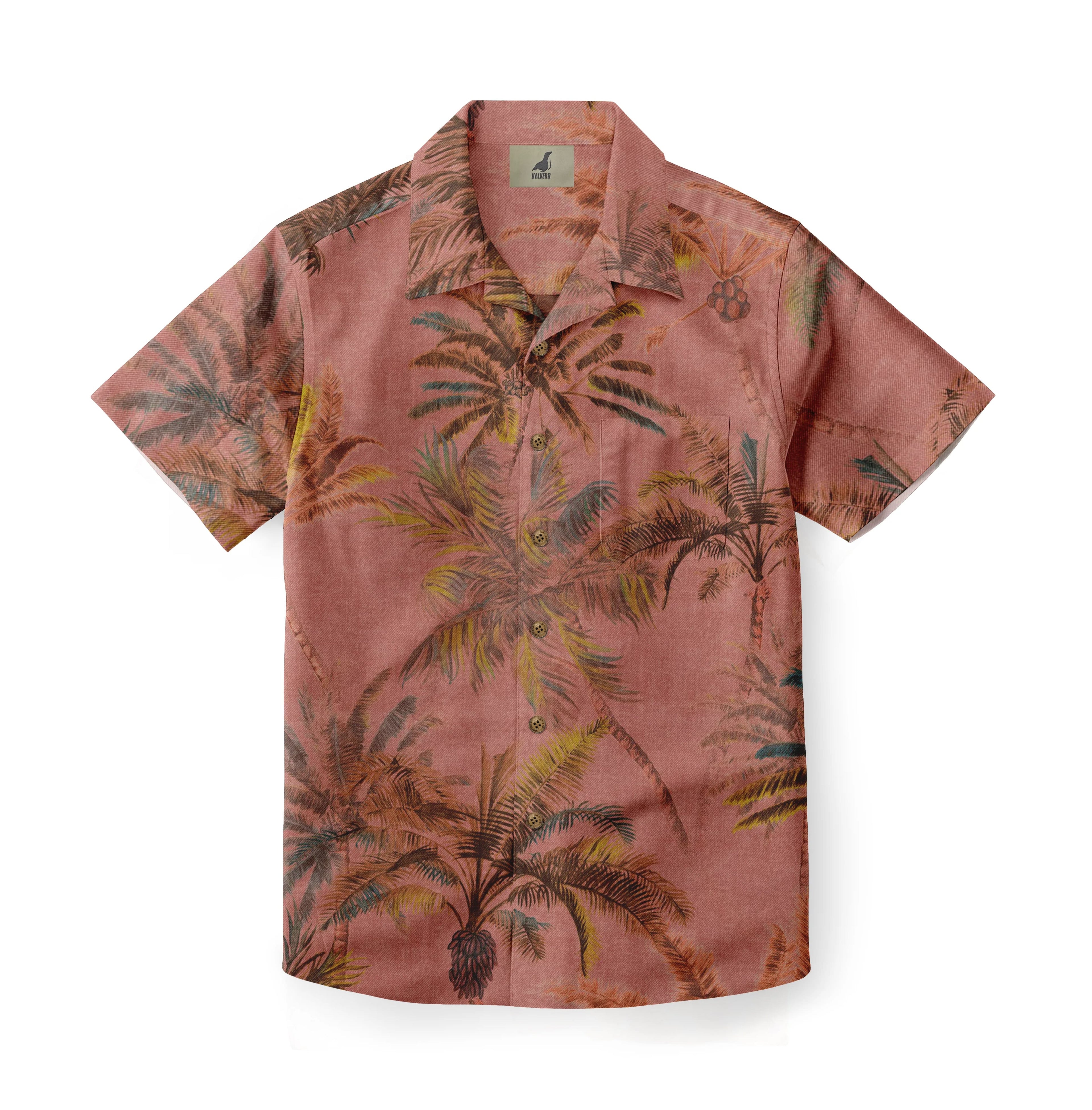Pink short-sleeve shirt with tropical palm print and button-down.