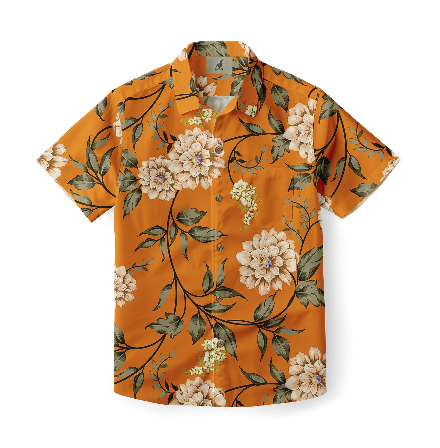 Orange short-sleeve shirt with floral pattern.