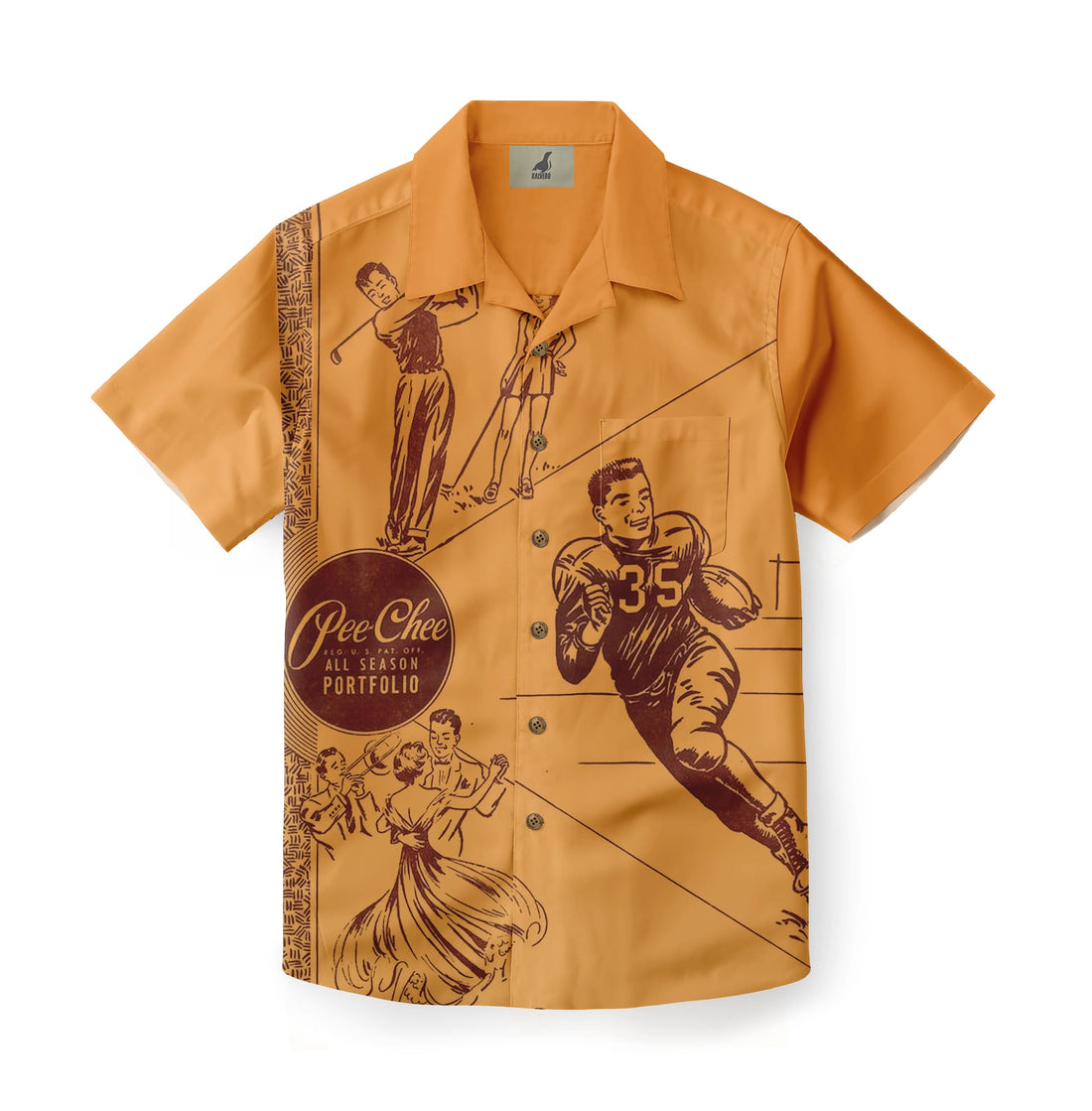 Vintage-style orange shirt featuring retro sports and social scenes.