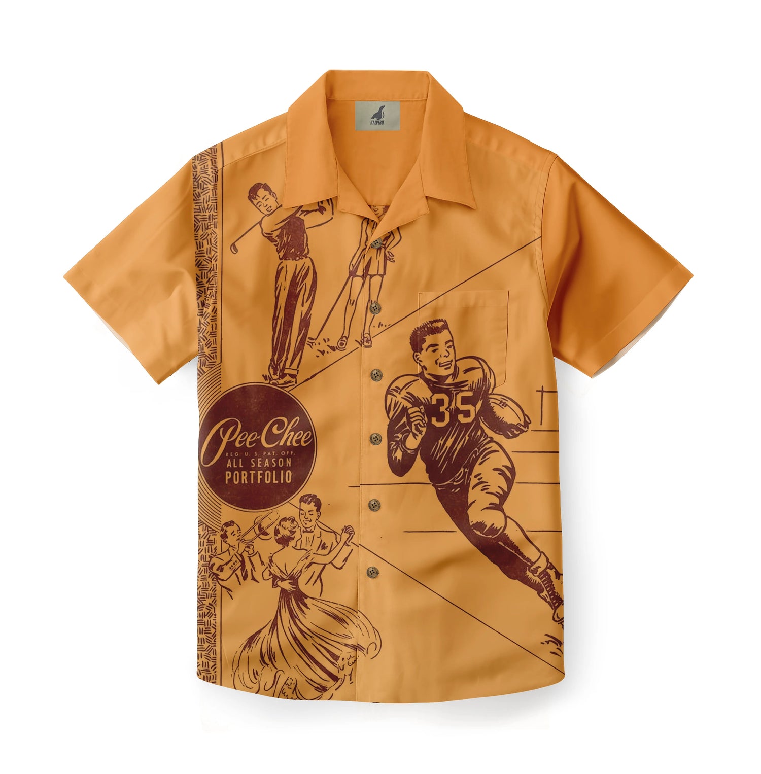 Vintage-style orange shirt featuring retro sports and social scenes.