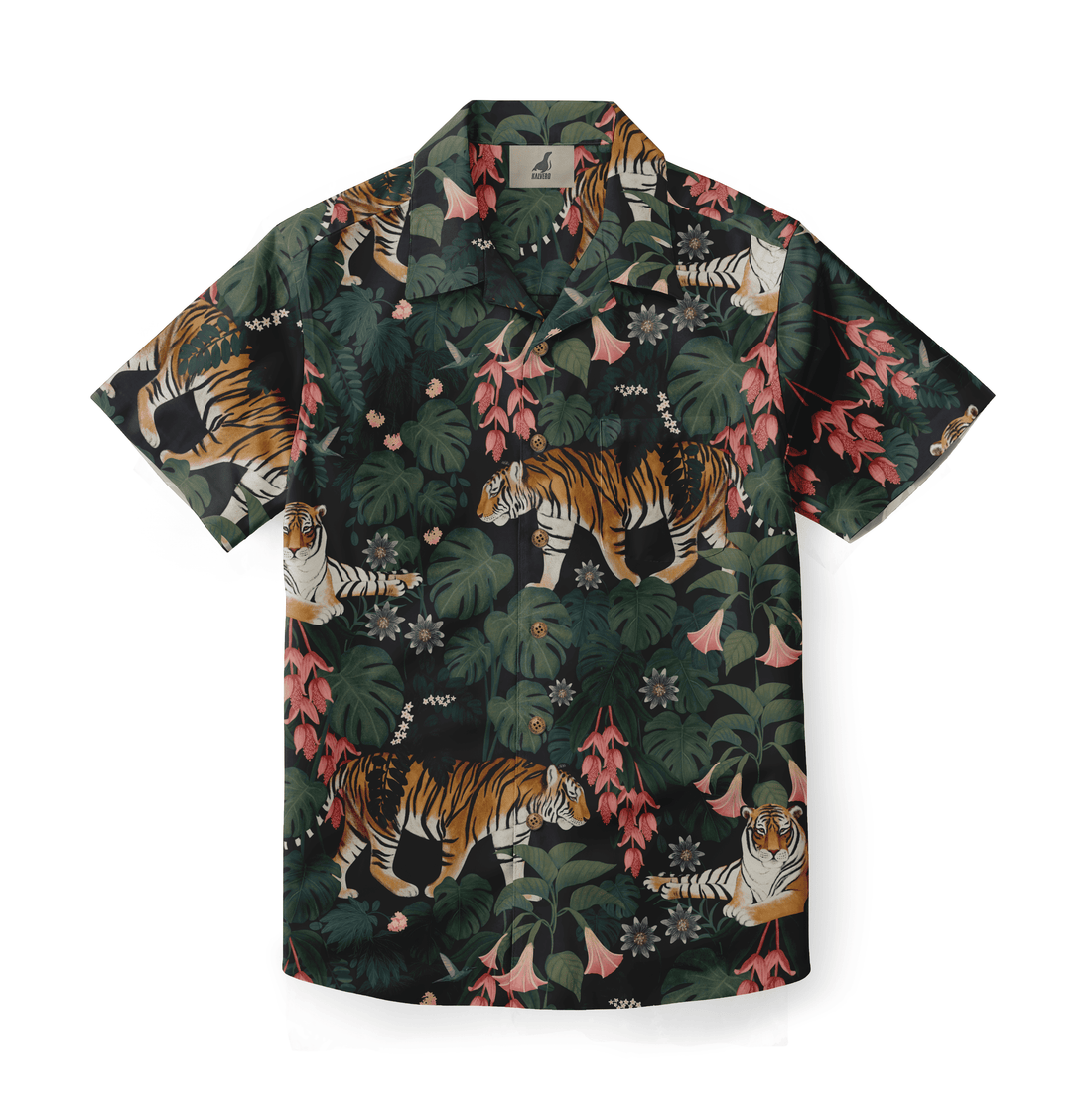 Tropical shirt with tiger and jungle print on dark background.