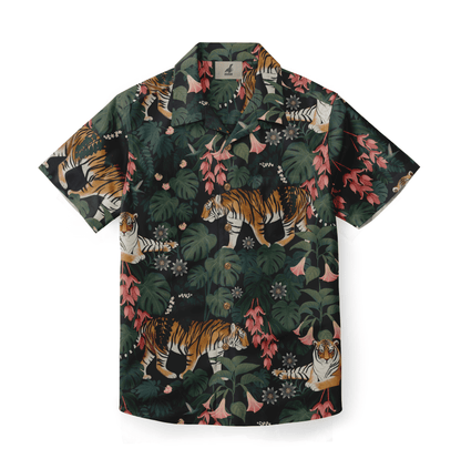Tropical shirt with tiger and jungle print on dark background.