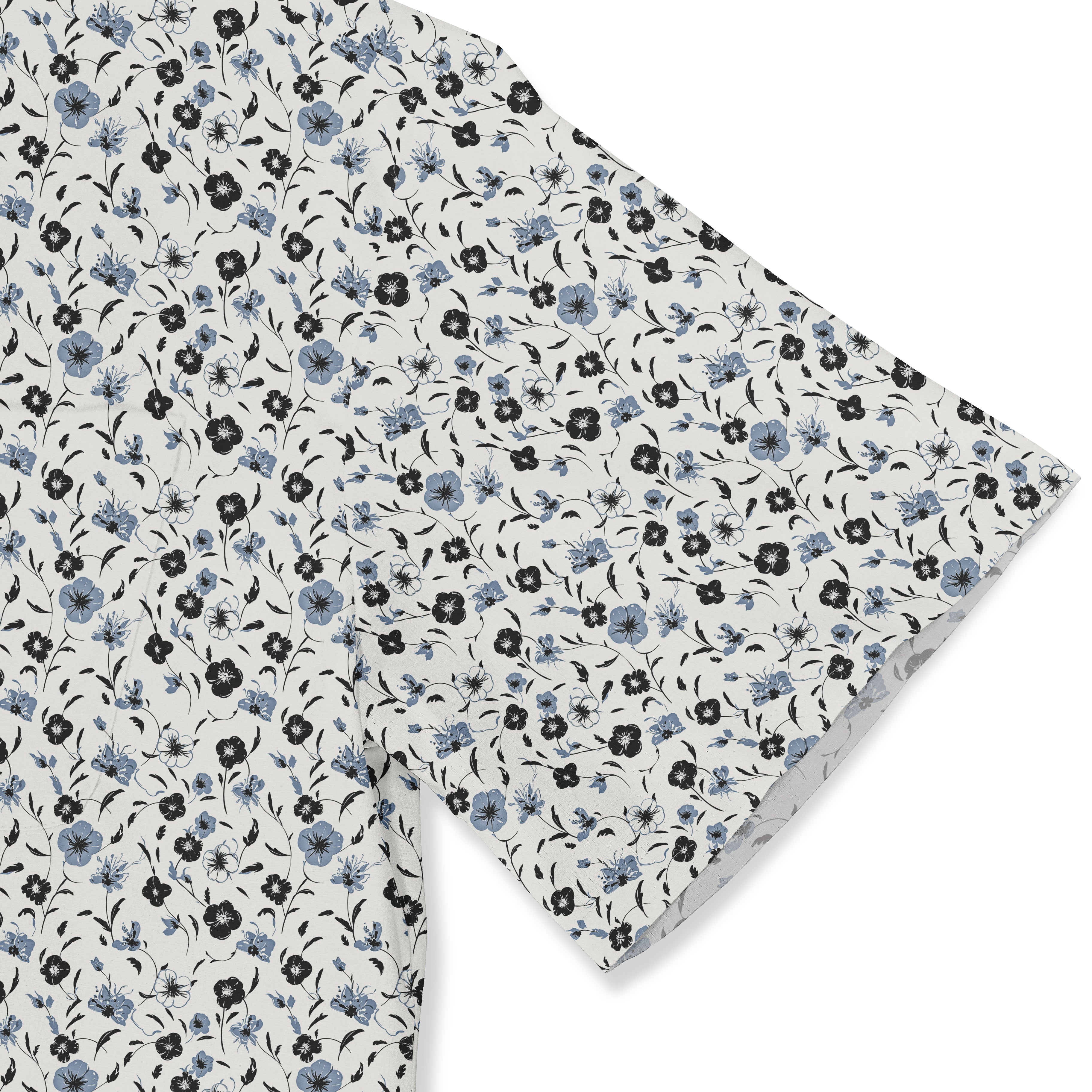 Gray fabric with blue and black floral pattern.