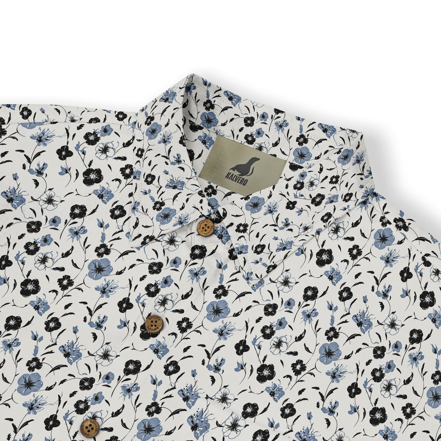 Floral patterned shirt with blue and black flowers on a white.