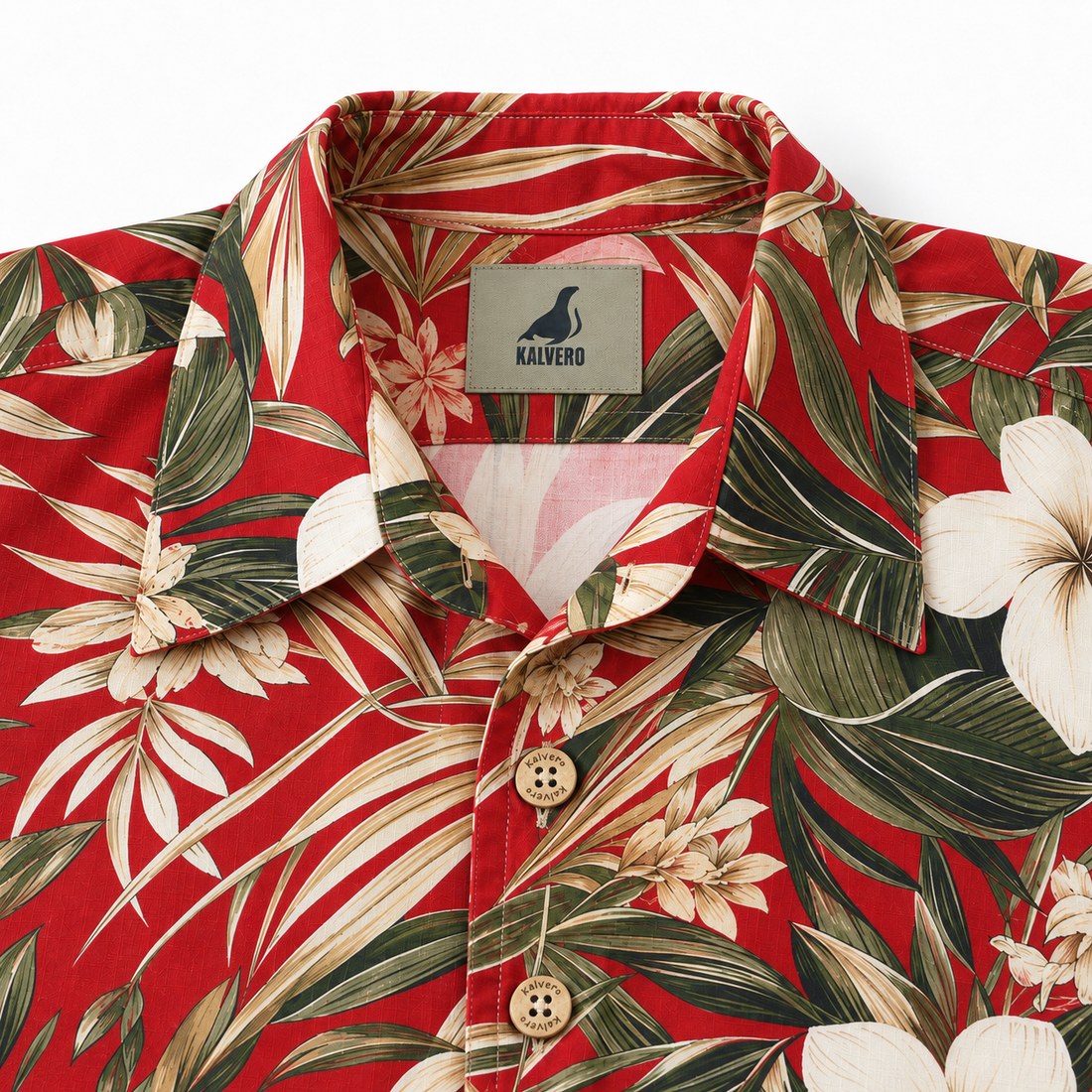 KALVERO Tropical Breeze shirt: collar and centered neck label.