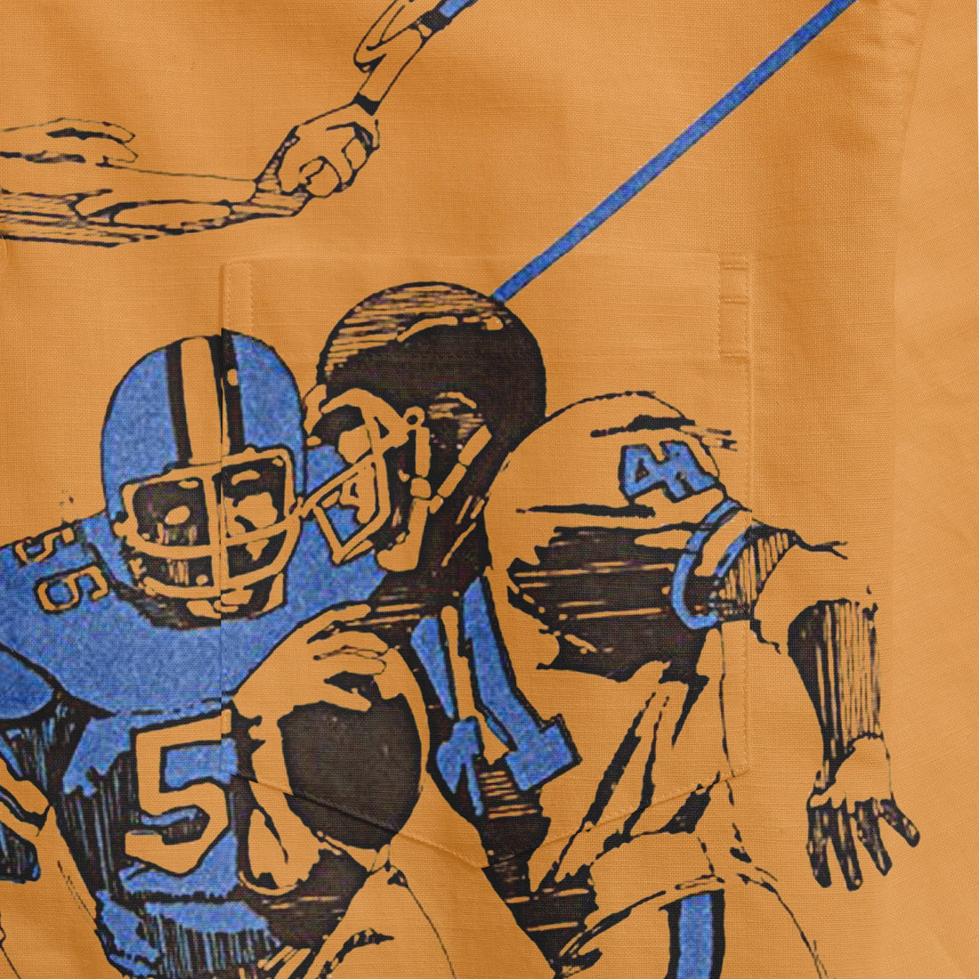 Vintage football players in action, wearing blue and gold uniforms.