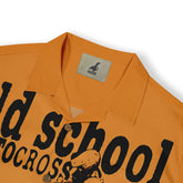 Orange shirt with "Old School Motocross" print, collar tag featuring.