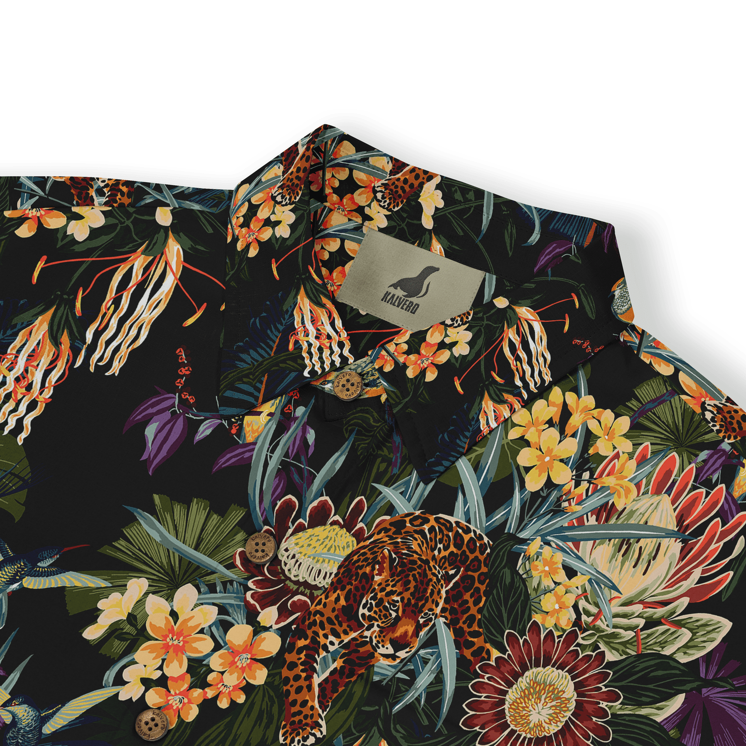 Black shirt with vibrant tropical print featuring leopards, flowers.