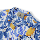 Vibrant blue and yellow floral shirt with lemons, daisies.
