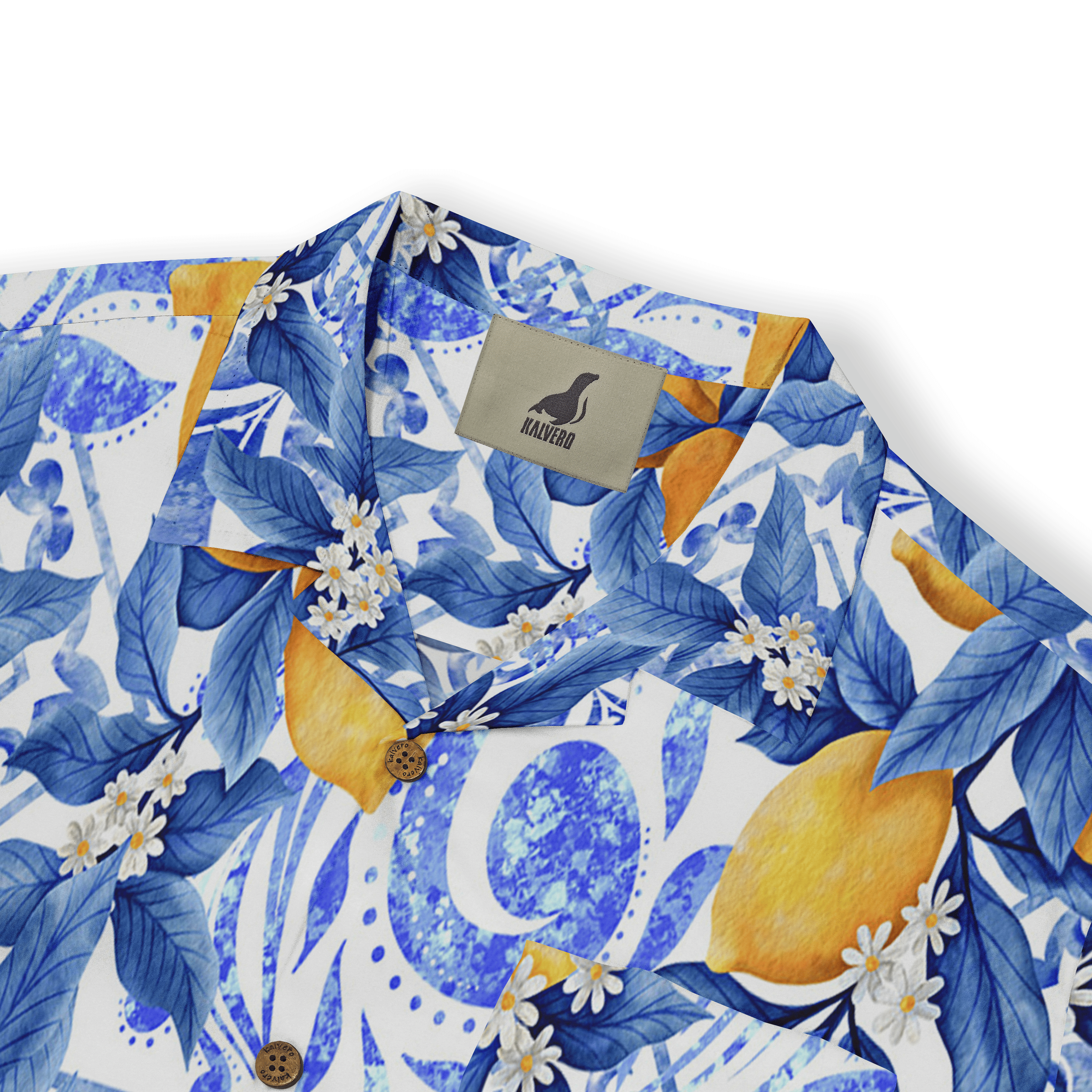 Vibrant blue and yellow floral shirt with lemons, daisies.
