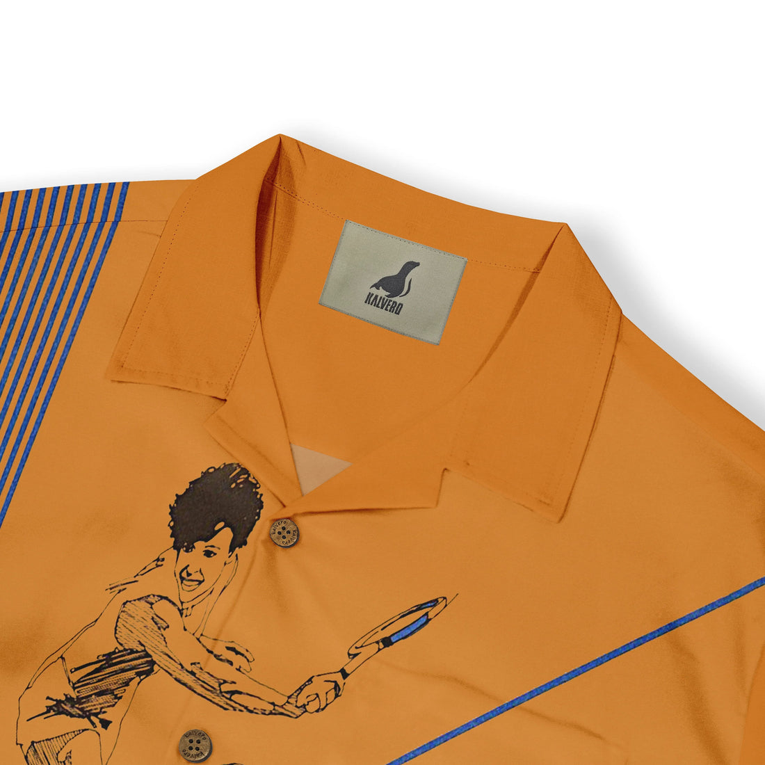 Orange polo shirt with blue stripes, tennis player graphic.