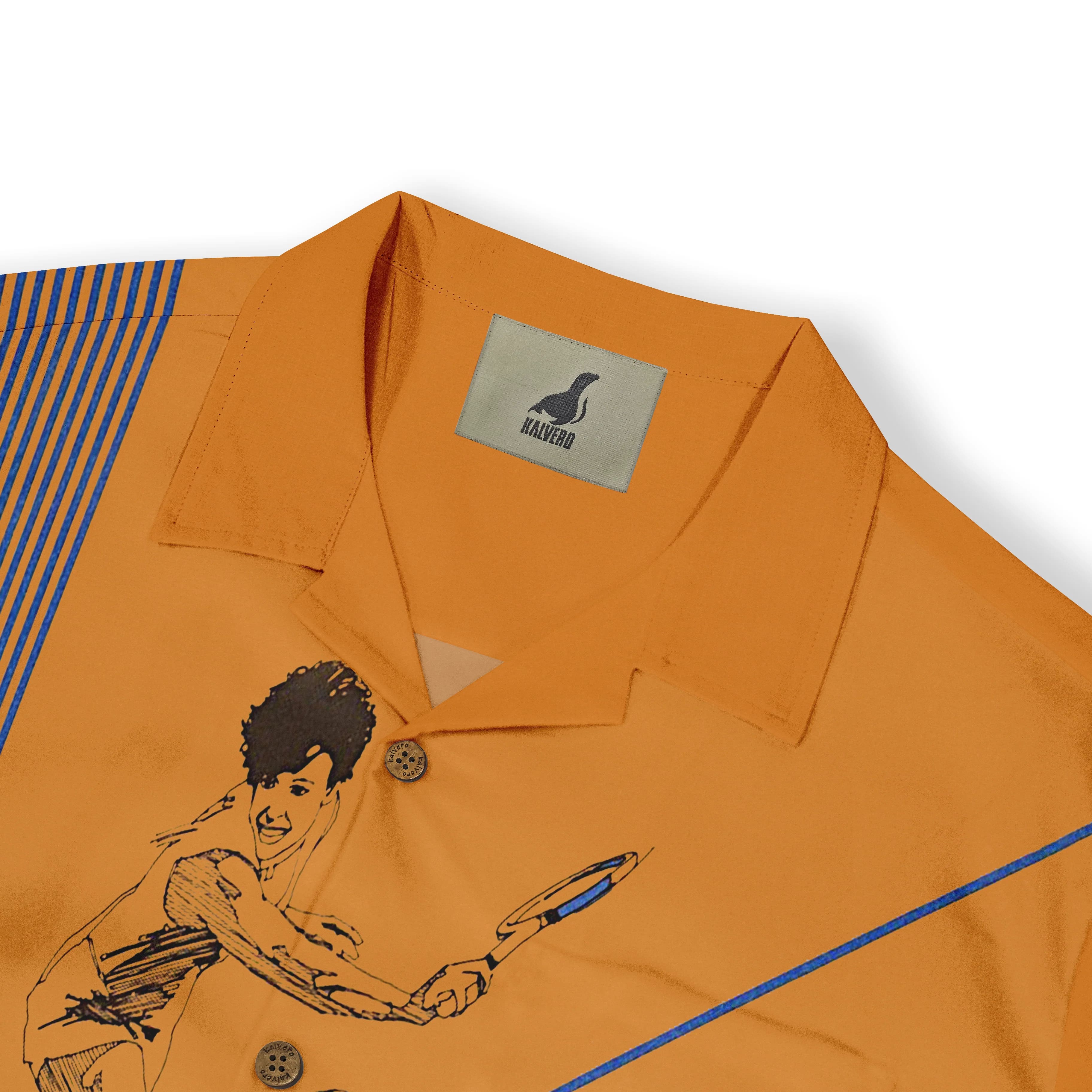 Orange polo shirt with blue stripes, tennis player graphic.