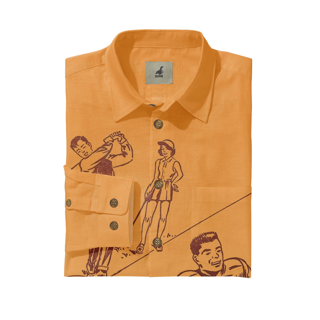 Orange shirt with vintage-style illustrations of people, featuring.
