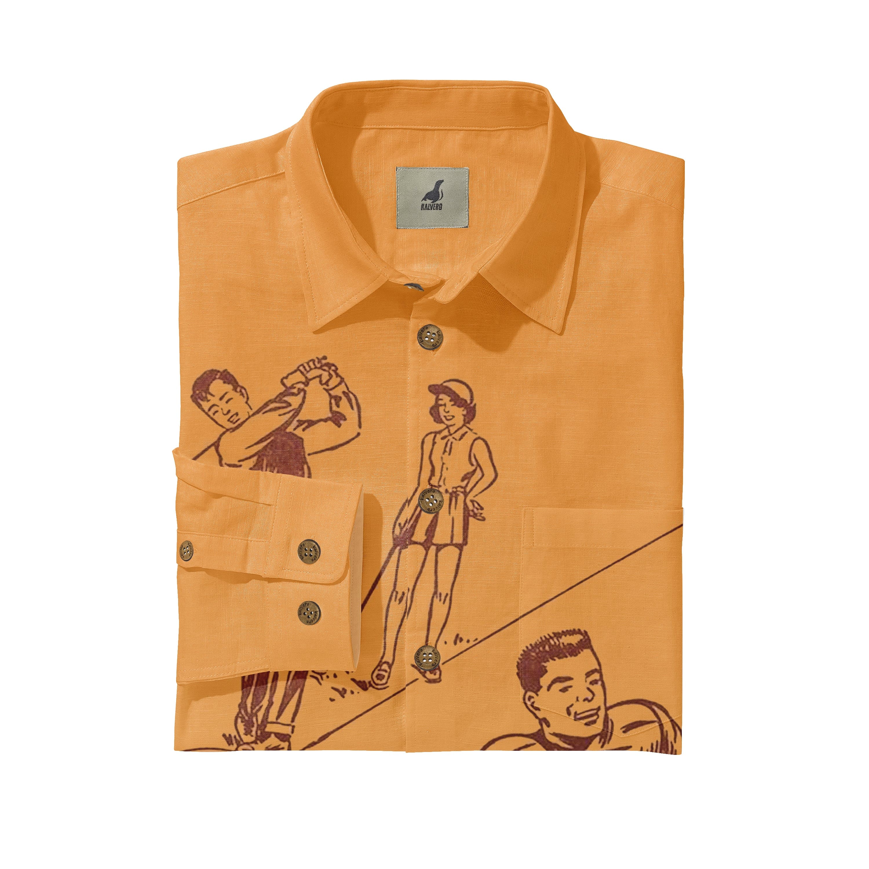 Orange shirt with vintage-style illustrations of people, featuring.