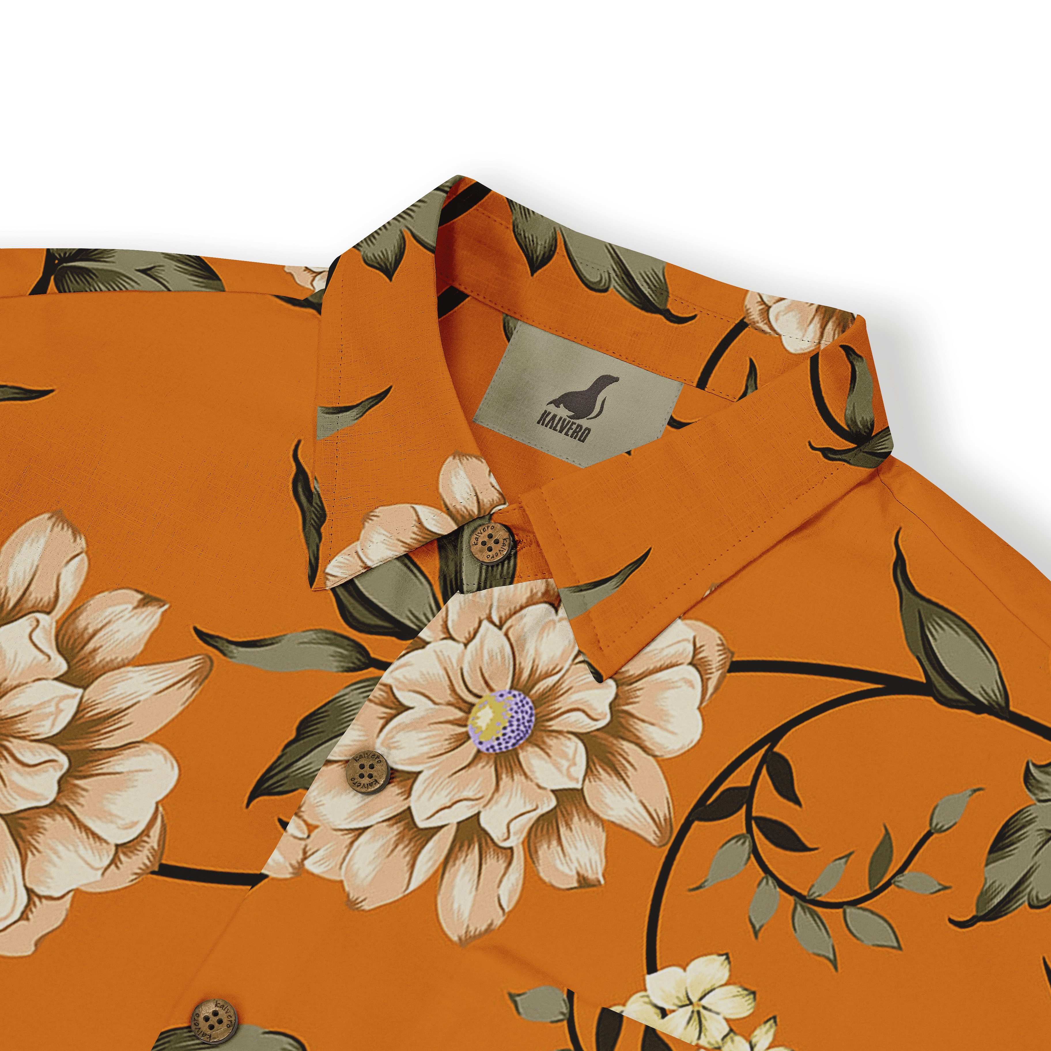 Orange floral shirt with beige flowers, green leaves, and brown.