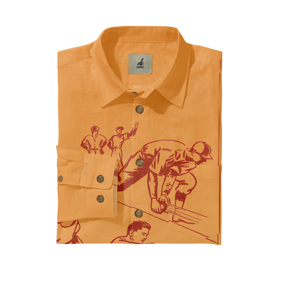 Orange shirt with red worker illustrations, folded neatly, featuring.