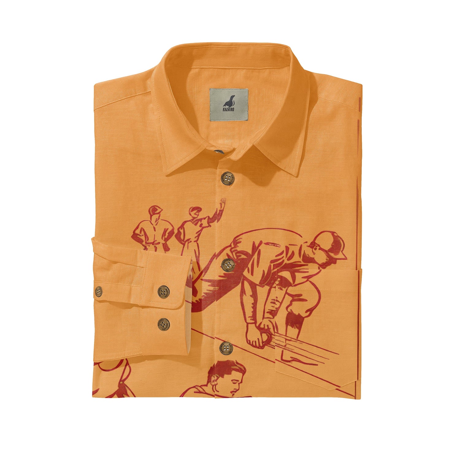Orange shirt with red worker illustrations, folded neatly, featuring.